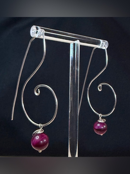 Hand Crafted Jewelry - Sterling Silver Red Tigers Eye Artisan Hand Crafted Wire Drop Earrings